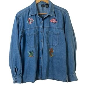 Lee Denim Embroidered Sealife Fish Jean Shirt‎ Button VTG Riveted Large Woman's